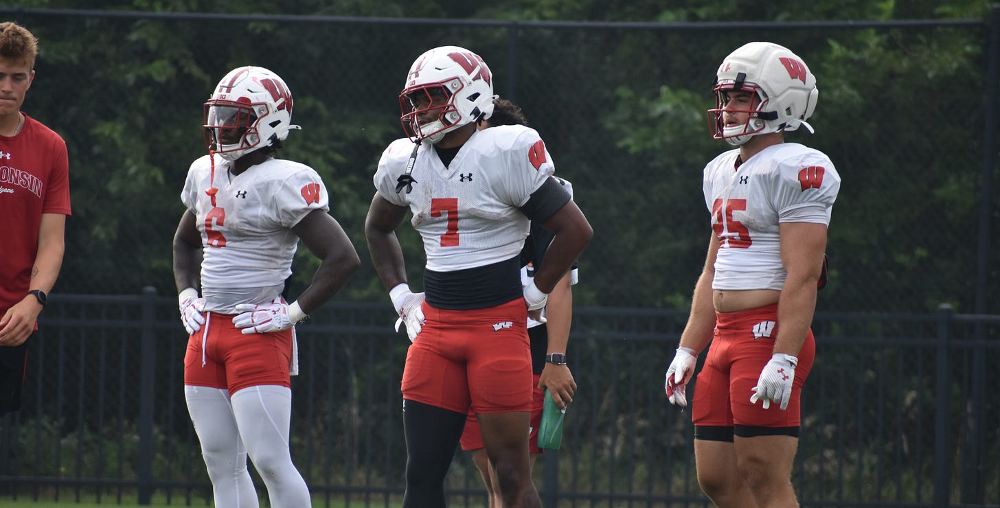 Wisconsin Badgers running backs Dilin Jones, Darrion Dupree, and Cade Yacamelli standing together on the field at fall camp, photo by Christian Borman. Wisconsin Badgers running backs Dilin Jones, Darrion Dupree, and Cade Yacamelli standing together on the field at fall camp, photo by Christian Borman.