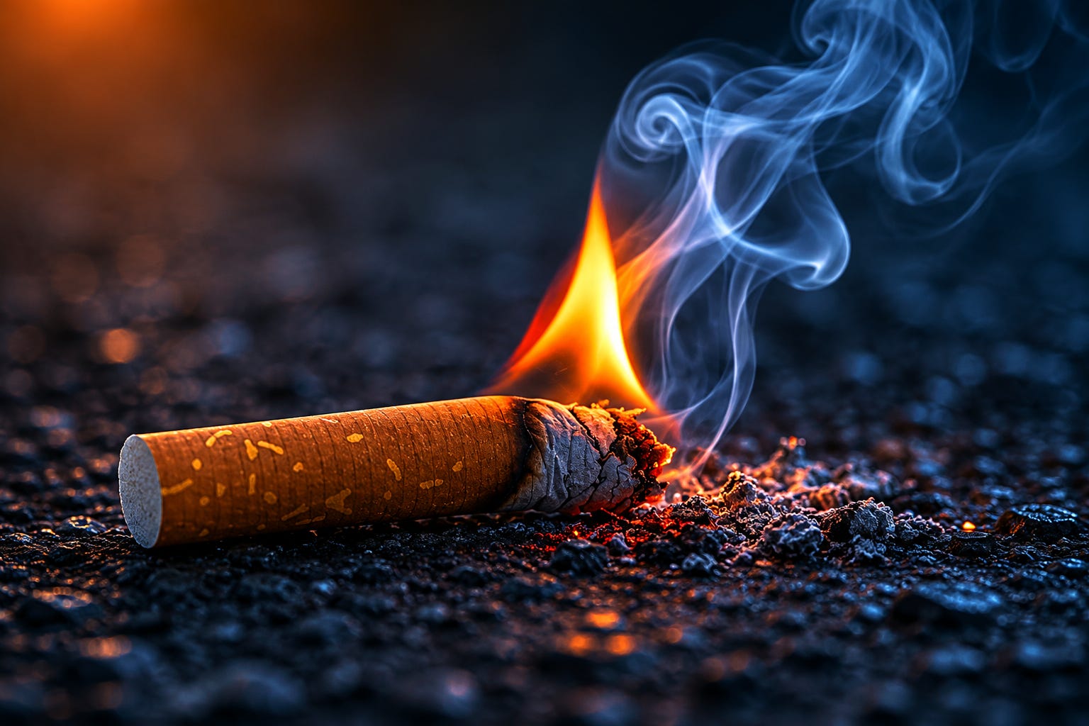 A single cigarette burns quietly against the darkness, its glowing ember cutting through the cold blue shadows below. Smoke curls upward in soft spirals, capturing the fragile tension between destruction, addiction, and silence. A single cigarette burns quietly against the darkness, its glowing ember cutting through the cold blue shadows below. Smoke curls upward in soft spirals, capturing the fragile tension between destruction, addiction, and silence.