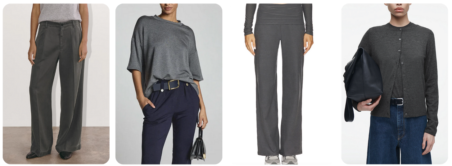 Images of gray shoppable pieces from Everlane, Bleusalt, COS and Revolve. Images of gray shoppable pieces from Everlane, Bleusalt, COS and Revolve.