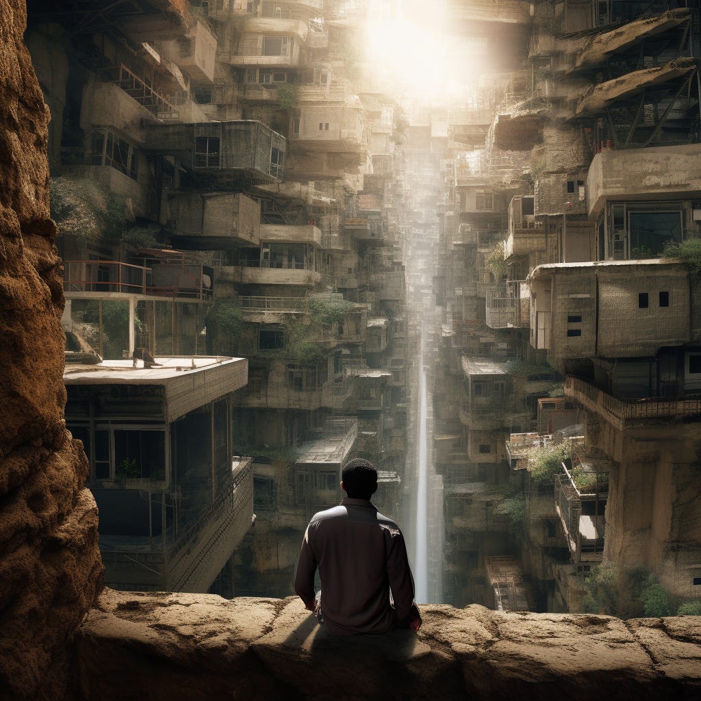 Man Overlooks from Ledge - Image made with MidJourney Man Overlooks from Ledge - Image made with MidJourney