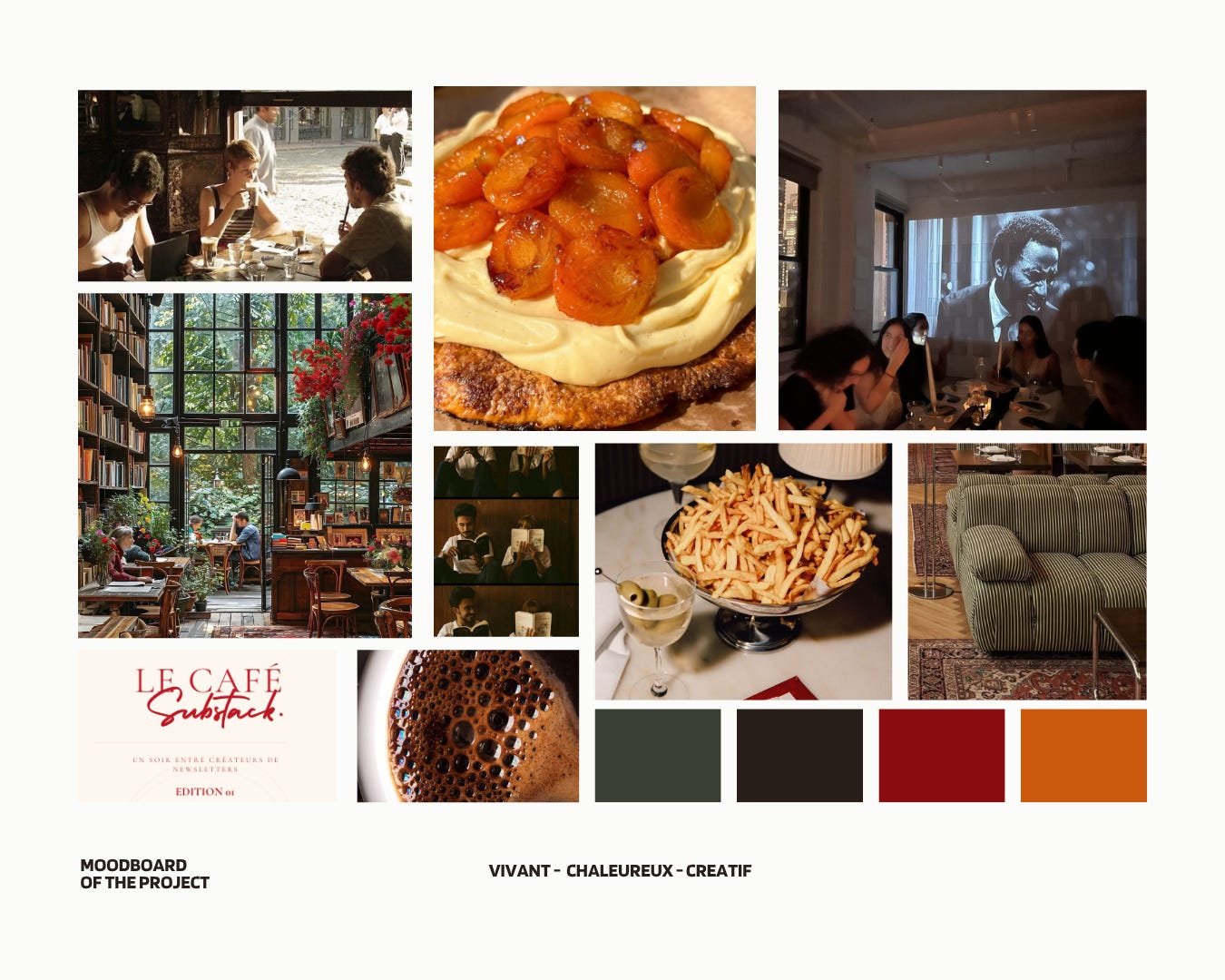 Moodboard du café Substack, ambiance café-librairie cosy aux tons verts profonds, bois et lumière chaude Moodboard du café Substack, ambiance café-librairie cosy aux tons verts profonds, bois et lumière chaude