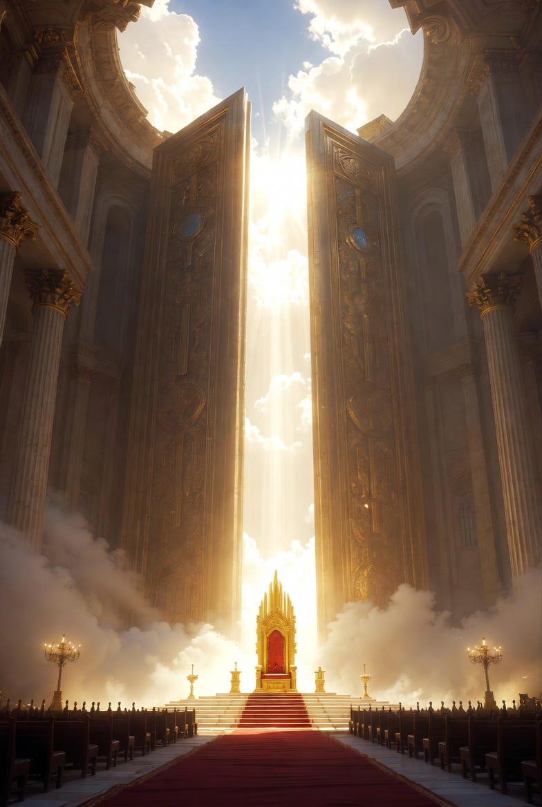 A photograph of the Throne Room of Heaven, featuring a radiant golden throne in a grand celestial chamber with divine light.
