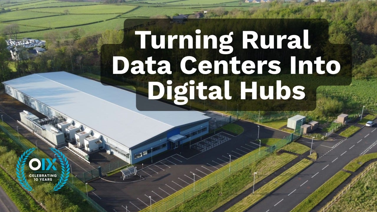 Aerial view of a large, modern data center building located in a rural landscape with green fields and trees. The facility has a white roof, surrounding parking lot, and visible cooling units along one side. A road runs alongside the site, and nearby houses are scattered in the countryside. Overlaid text reads: “Turning Rural Data Centers Into Digital Hubs.” In the lower left corner is an OIX logo with the text “Celebrating 10 Years.”