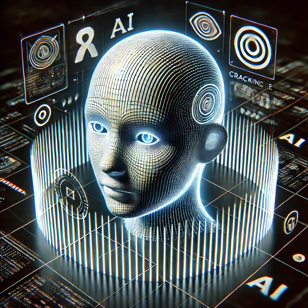 A futuristic 3D-style blog post image depicting an AI model (symbolized by a stylized chatbot head) surrounded by layers of digital defenses. A Morse code pattern is subtly interwoven into the layers of defense, symbolizing a breach or vulnerability. The background should have a dark, sleek, and techy aesthetic with glowing lines and grids, representing the complexity of AI security. The chatbot head should look slightly puzzled or neutral, with digital waves flowing around it, indicating a breach of its defenses. The title 'Cracking the Code' should be subtly integrated into the design, along with elements representing AI, security, and Morse code. The entire image should have a 3D depth and futuristic feel.