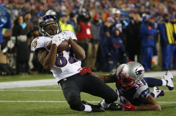torrey smith pass from flacco ravens lose to patriots 2015 nfl torrey smith pass from flacco ravens lose to patriots 2015 nfl