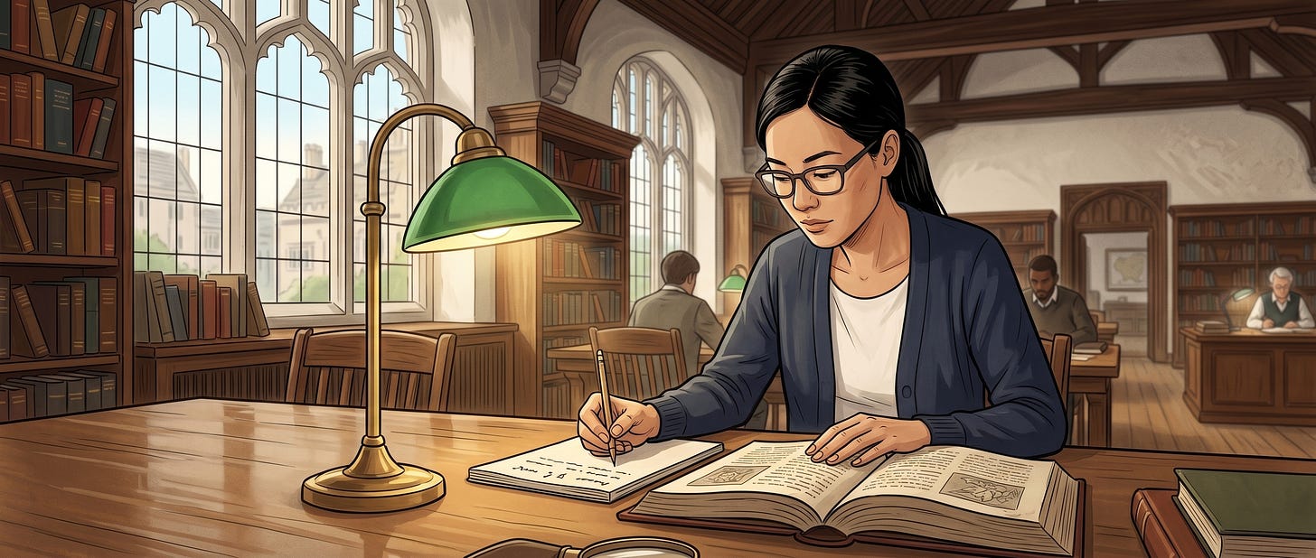 Still in the reading-room at her table, a close-up of the foreground figure taking notes.