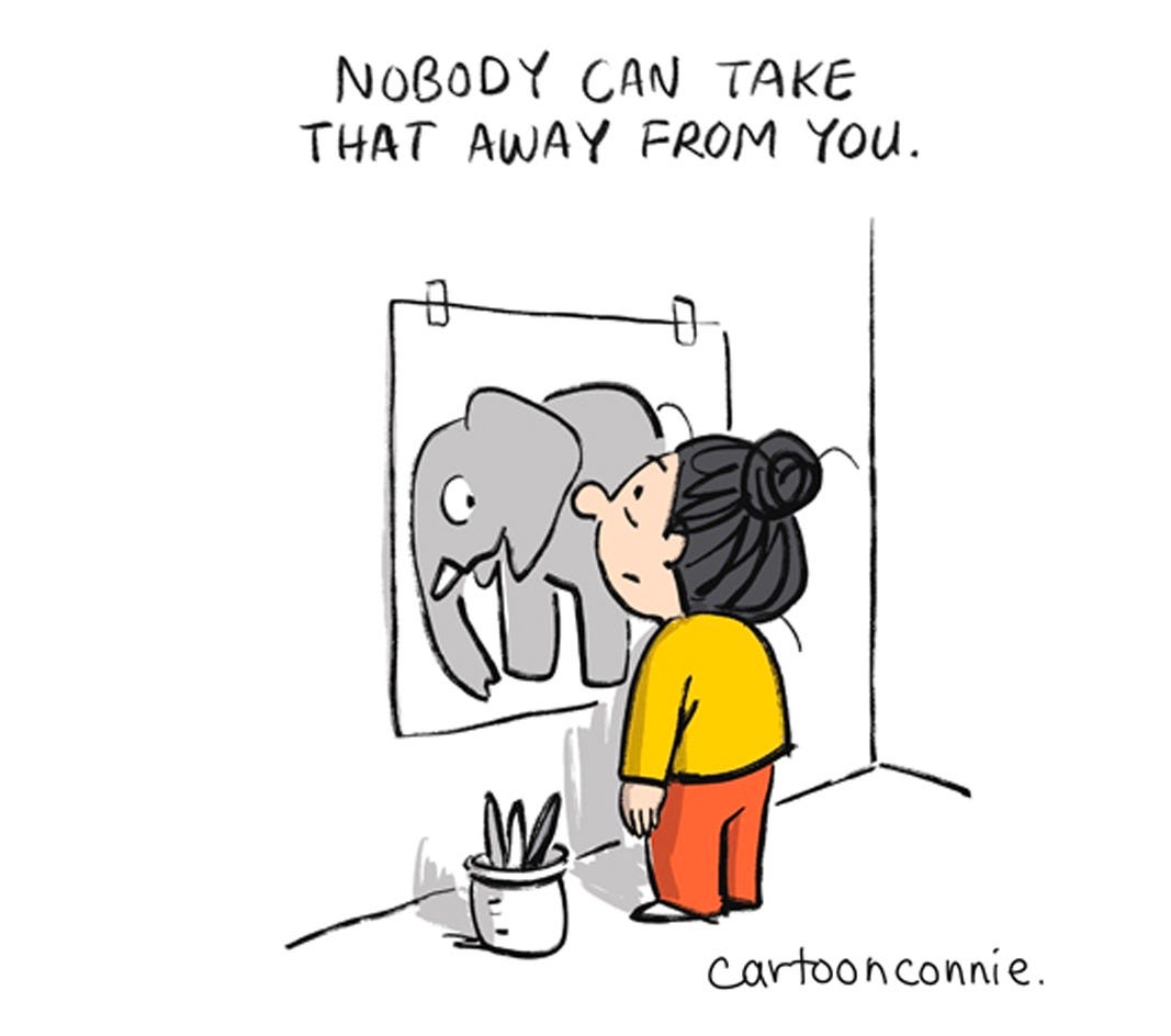 Panel 2 of a 3-panel motivational comic strip illustrating the power of doing more of what brings you joy, like making art. Titled "Elephant Joy," 2026. Original art by Connie Sun