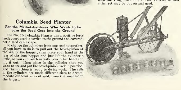 catalog description of Columbia Seed Planter