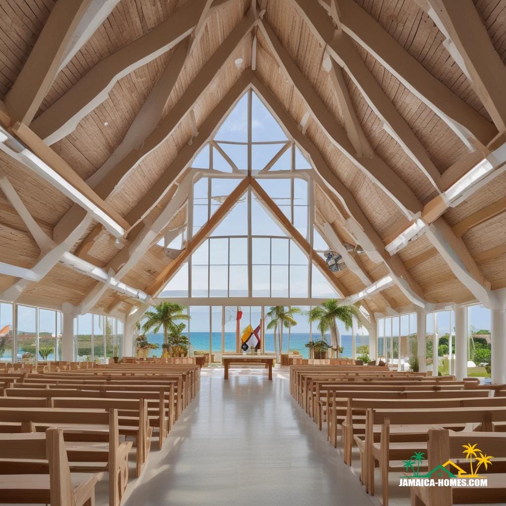 Coastal Church with Caribbean Flair: A striking modern church on Jamaica’s north coast, combining ultra-modern architecture with traditional Caribbean elements. The design features large open spaces, high ceilings, and a breezy outdoor worship area shaded by sleek, wooden latticework. The church overlooks the ocean and includes community spaces for events, classes, and outreach programs, seamlessly blending innovation and heritage.
