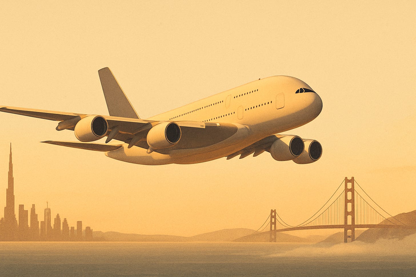 Dubai to San Francisco on an Emirates A380 with dubai skyline and SF Golden Gate Bridge in the background