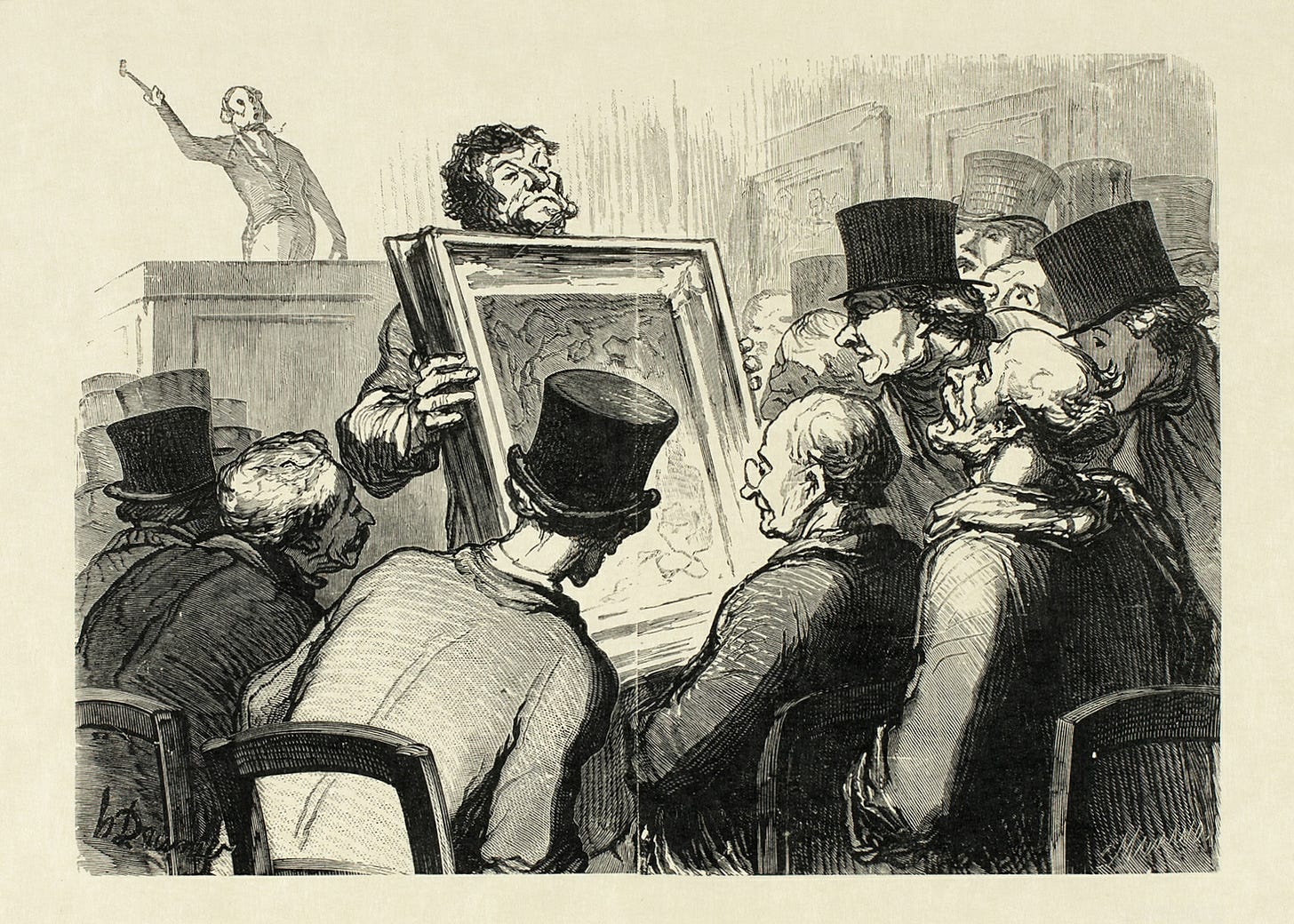 A drawing of a group of people looking at a painting.