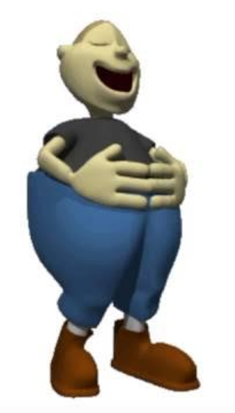 a somewhat greenish-tinted skin humanoid with a large belly, a blue outfit, and large brown shoes, with an open mouth