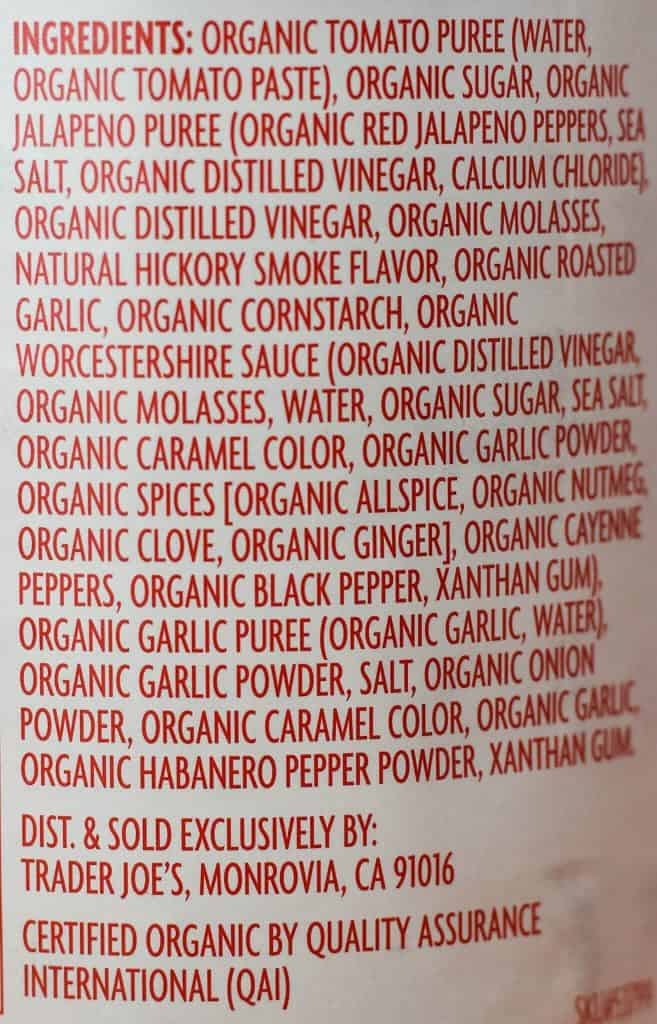 Trader Joe's Organic Sriracha and Roasted Garlic BBQ Sauce ingredients