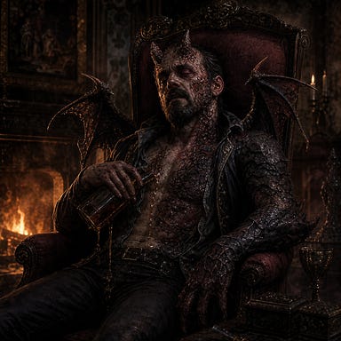 Izek Strazni in a dim Barovian drawing room, slumped in a high-backed chair, partially transformed by infernal corruption: small jagged horns breaking through his forehead, raw and inflamed; blackened leathery wing-nubs twitching from his back; patches of scaled, warped flesh spreading from his monstrous arm across his chest and neck. Firelight flickers against moving shadows. Brimstone haze fills the air. No resemblance to any real person.