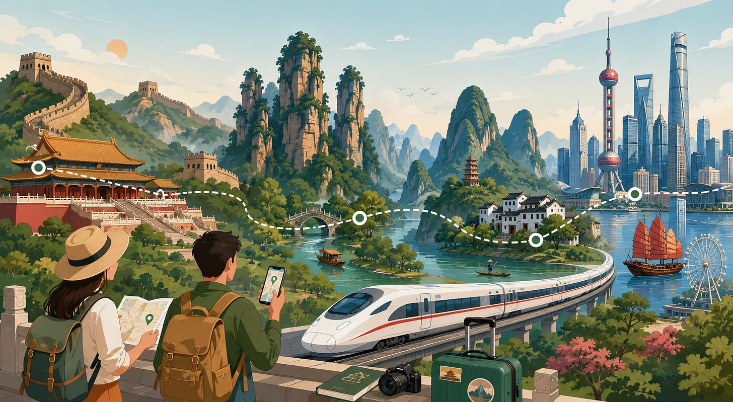 Illustrazione di viaggio in Cina con itinerario tra Pechino, Zhangjiajie, Guilin e Shanghai, treno ad alta velocità e skyline futuristici. Illustrazione di viaggio in Cina con itinerario tra Pechino, Zhangjiajie, Guilin e Shanghai, treno ad alta velocità e skyline futuristici.