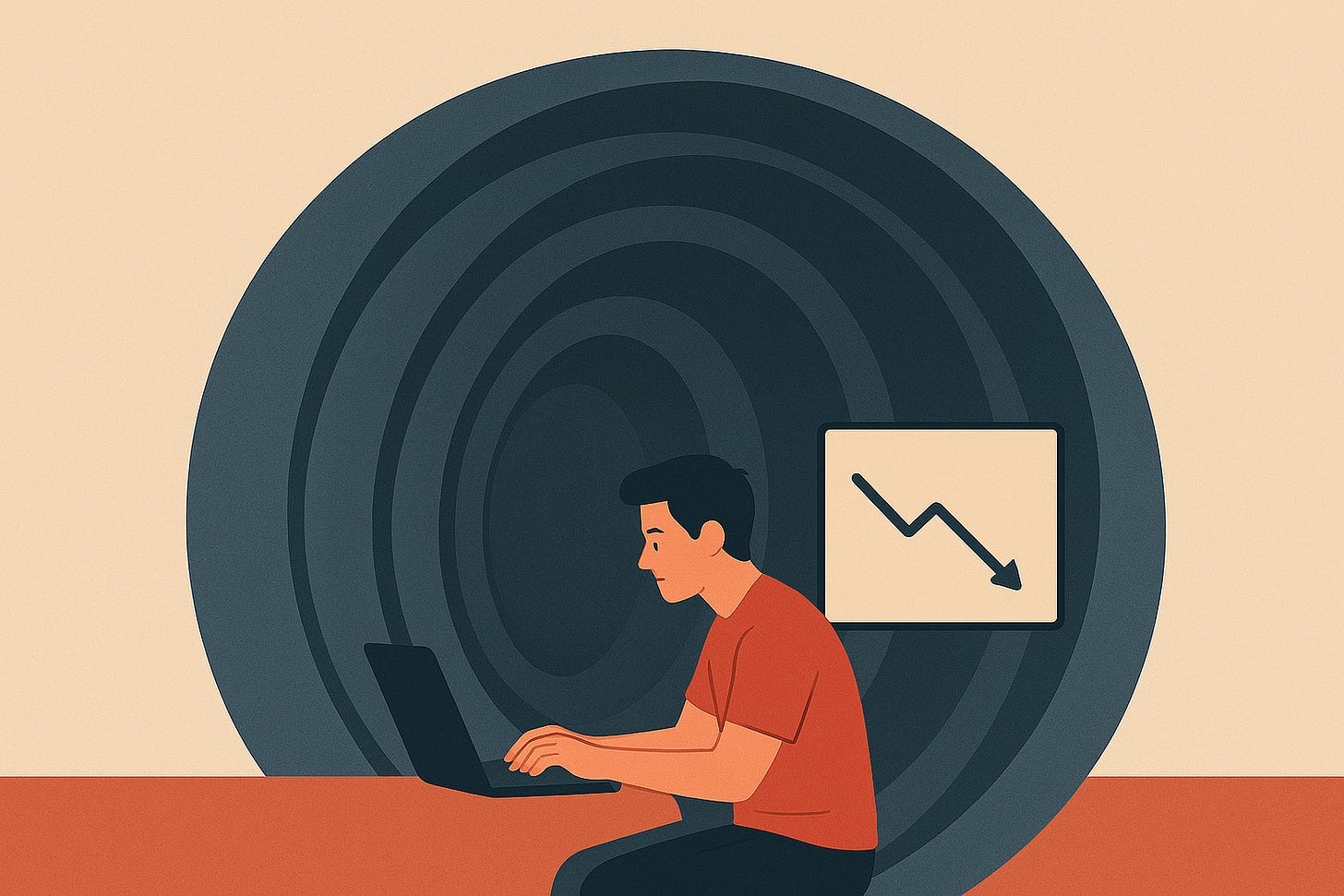 a wide, wordless illustration of a person sitting at a desk inside a sealed, transparent dome surrounded by floating speech bubbles that all mirror the person's own words and expressions; outside the dome, faint silhouettes of other people and ideas are visible but cannot penetrate the barrier; the person inside looks increasingly isolated and confused, with papers piling up and no signs of progress; the style is symbolic, minimal, and slightly cartoon-like a wide, wordless illustration of a person sitting at a desk inside a sealed, transparent dome surrounded by floating speech bubbles that all mirror the person's own words and expressions; outside the dome, faint silhouettes of other people and ideas are visible but cannot penetrate the barrier; the person inside looks increasingly isolated and confused, with papers piling up and no signs of progress; the style is symbolic, minimal, and slightly cartoon-like