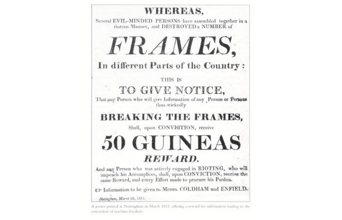 Notice of a massive reward for betraying a 'frame breaker'. Notice of a massive reward for betraying a 'frame breaker'.