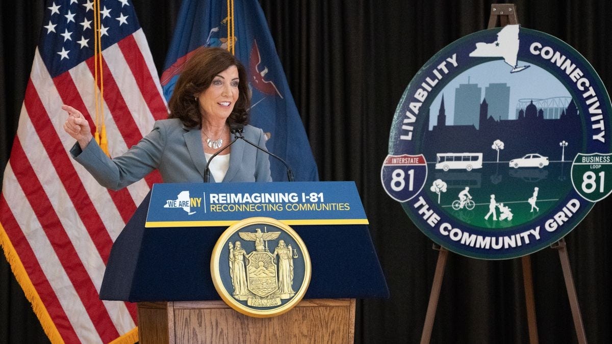 Governor Kathy Hochul speaks in front of local leaders about the I-81 project in Syracuse, New York. Governor Kathy Hochul speaks in front of local leaders about the I-81 project in Syracuse, New York.