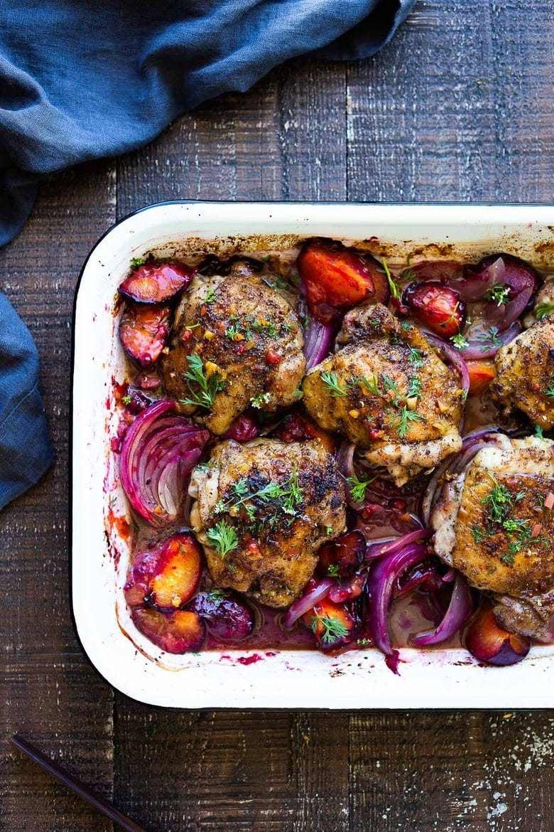 A delicious recipe for Five Spice Chicken with Roasted Plum Sauce- a flavorful Chinese-Inspired dinner highlighting juicy summer plums. Make this with Chicken Thighs, Pork Loin or Tofu! Vegan Adaptable! #fivespice #plumsauce #5spicechicken #fivespicechicken A delicious recipe for Five Spice Chicken with Roasted Plum Sauce- a flavorful Chinese-Inspired dinner highlighting juicy summer plums. Make this with Chicken Thighs, Pork Loin or Tofu! Vegan Adaptable! #fivespice #plumsauce #5spicechicken #fivespicechicken