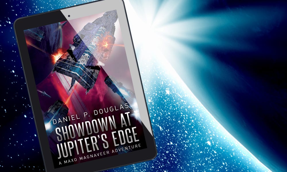 E-reader displaying the book cover for 'Showdown at Jupiter's Edge: A Maxo Magnaveer Adventure' by Daniel P. Douglas. The sci-fi cover shows a spacecraft against a cosmic background with red nebula elements. The tablet is positioned against a deep space backdrop with stars and a blue planetary glow.