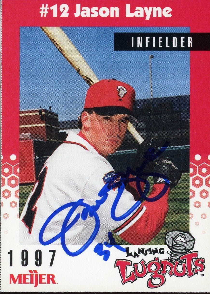 1997 Lansing Lugnuts JASON LAYNE Signed Card autograph AUTO ROYALS