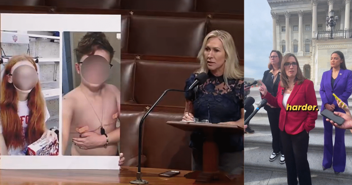 A congresswoman speaks at a podium while displaying images of two young individuals, highlighting a significant social issue during a press conference.