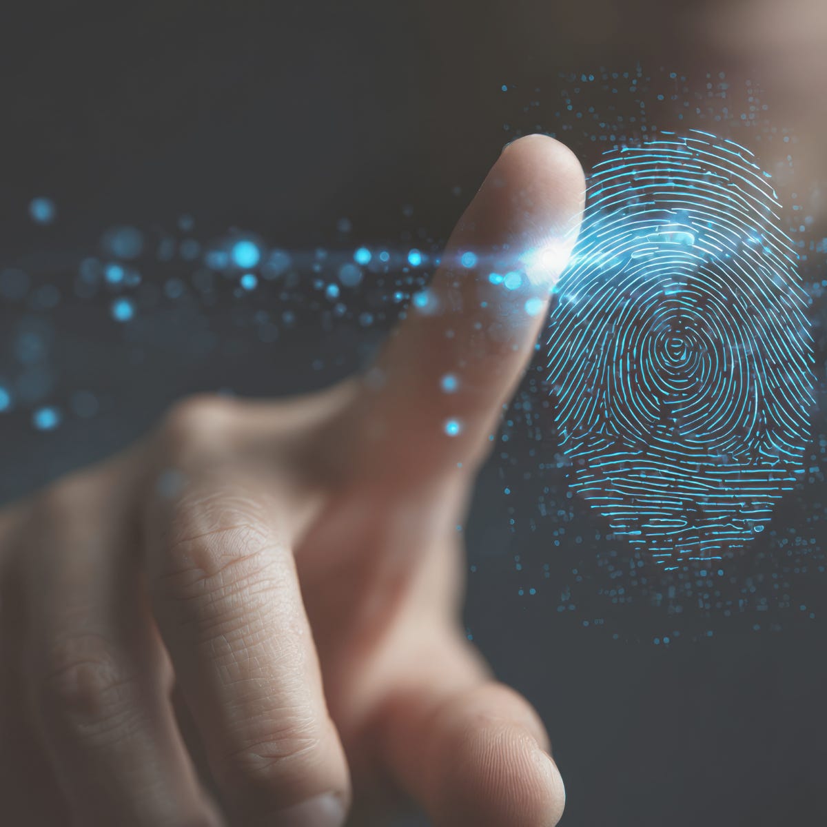 Finger scanning a digital fingerprint symbolizing online identity.