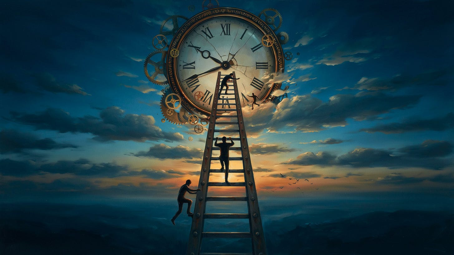 A tall industrial ladder rising into a dramatic sky — the bottom rungs in shadow, the top rungs illuminated by warm amber light. A large clock face is embedded in the sky behind the ladder, its hands misaligned. Small figures on different rungs, each slightly out of sync with the others. Deep indigo sky, burnt orange and gold light, rich teal shadows.