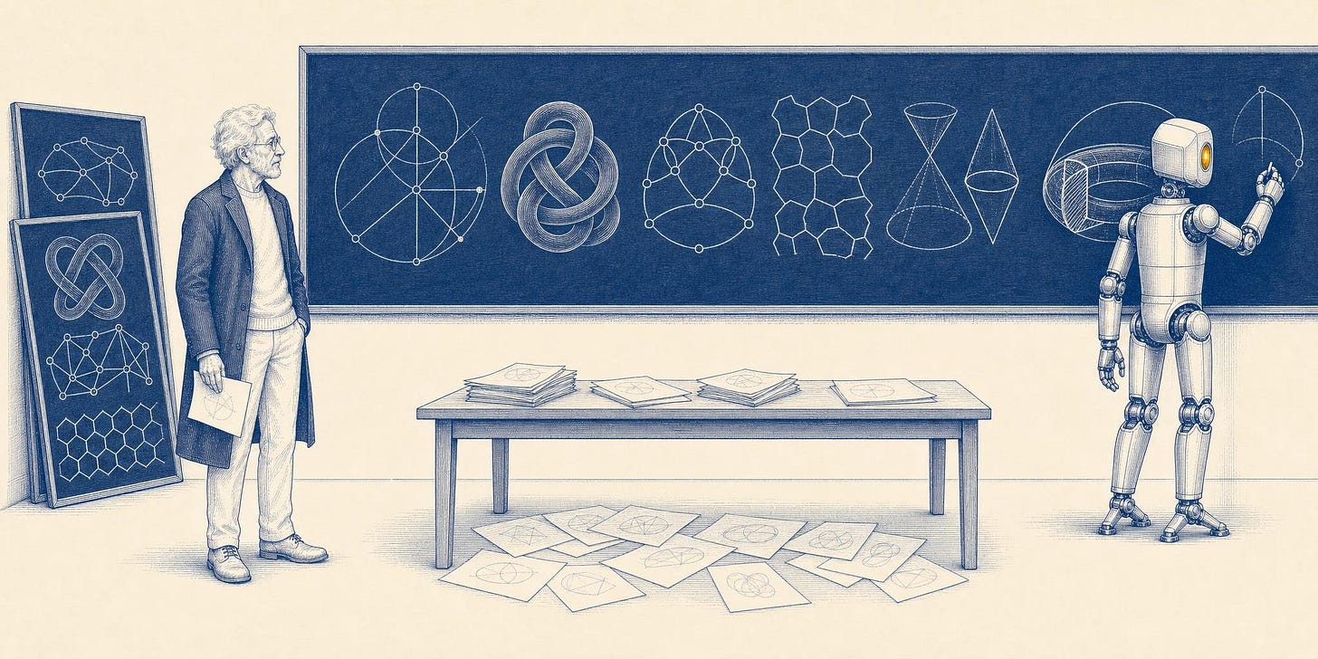 Blue-ink engraving of a long blackboard running off the right edge of the frame, covered with large geometric figures — a compass construction, a knot, a node-and-edge graph, a tiling, a double cone, a sectioned torus. A polished metal robot with a single glowing amber eye draws another at the far end, while an elderly scholar in a dark overcoat and round spectacles watches from the left, holding one sheet. Two more filled boards lean in the corner behind him, and loose diagrams cover the desk and the floor between them.