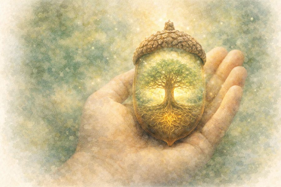 A hand holds an acorn that glows softly from within, revealing a luminous oak tree with spreading branches and roots inside the seed.© 2026 Kim West. All rights reserved. Designed by Kim West for Sanctuary and created with AI assistance; may not be reproduced or used without permission.