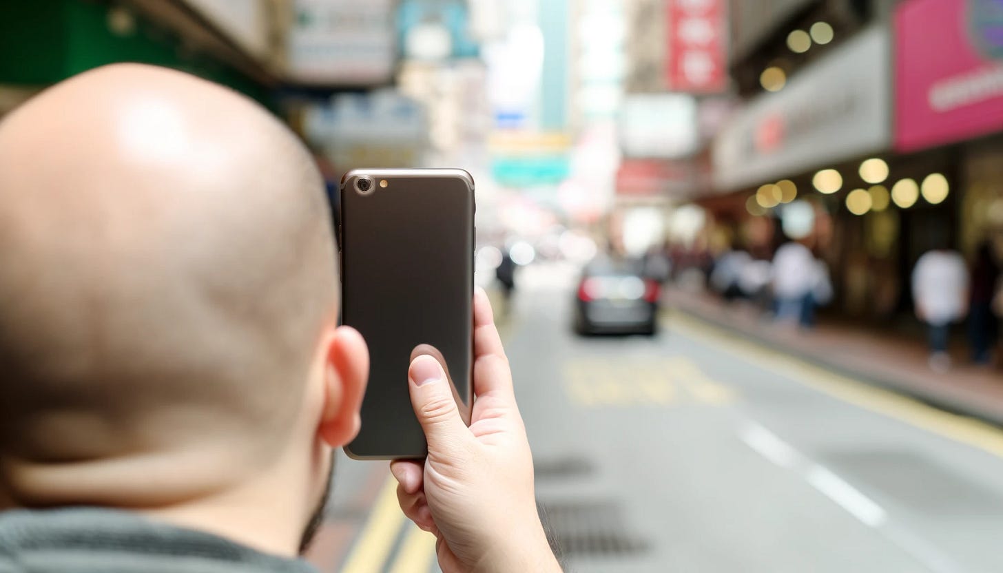 An over the shoulder shot of a bald man holding a phone. The phone is backwards. We can see the back of it.