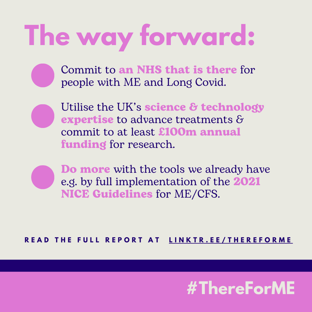 Commit to an NHS that is there for people with ME and Long Covid. Utilise the UK’s science & technology expertise to advance treatments & commit to at least £100m annual funding for research. Do more with the tools we already have e.g. by full implementation of the 2021 NICE Guidelines for ME/CFS. Underneath in smaller writing, it says “Read the full report at linktr.ee/ThereForME”