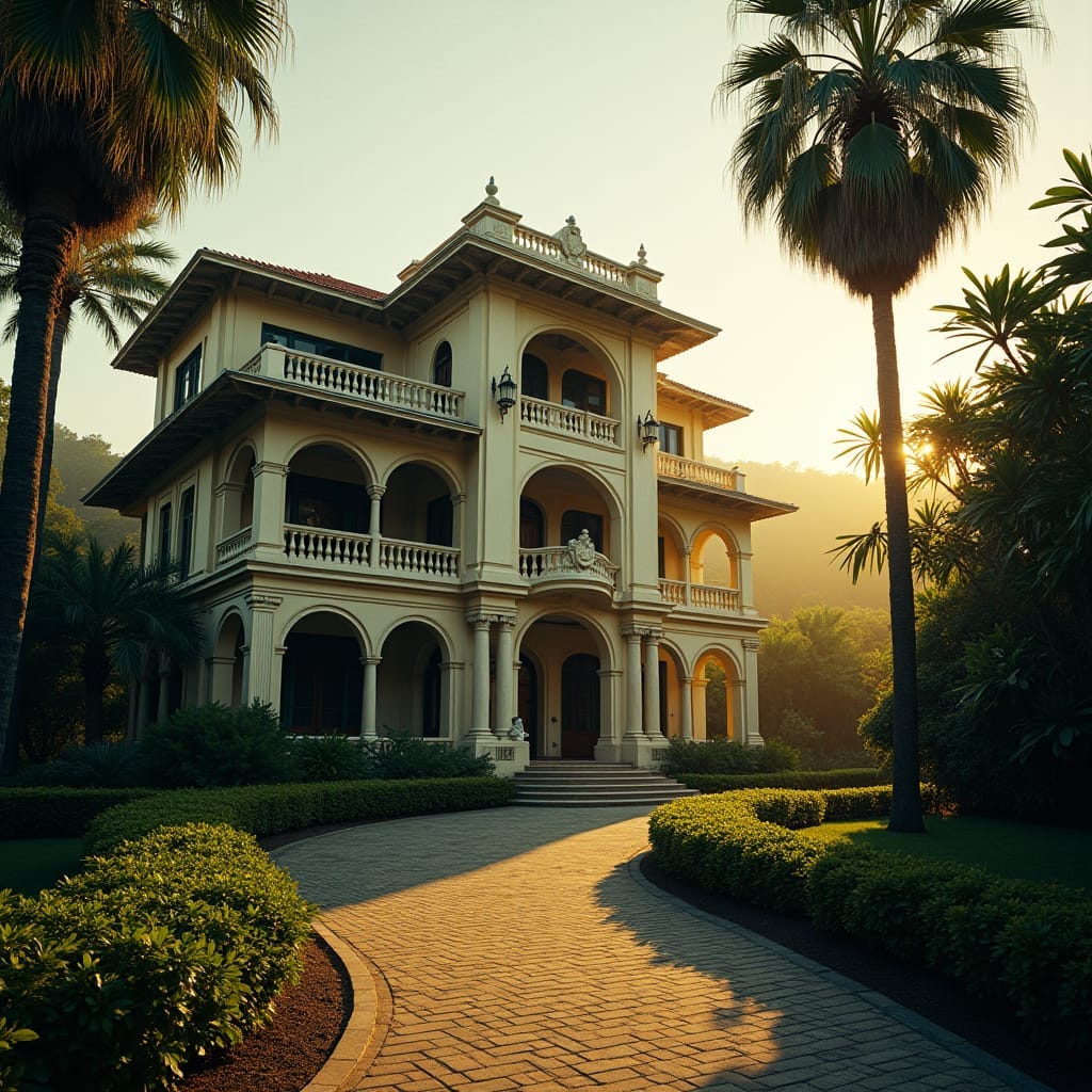 Majestic Jamaican concrete mansion set amidst lush tropical surroundings, warm golden light casting long shadows