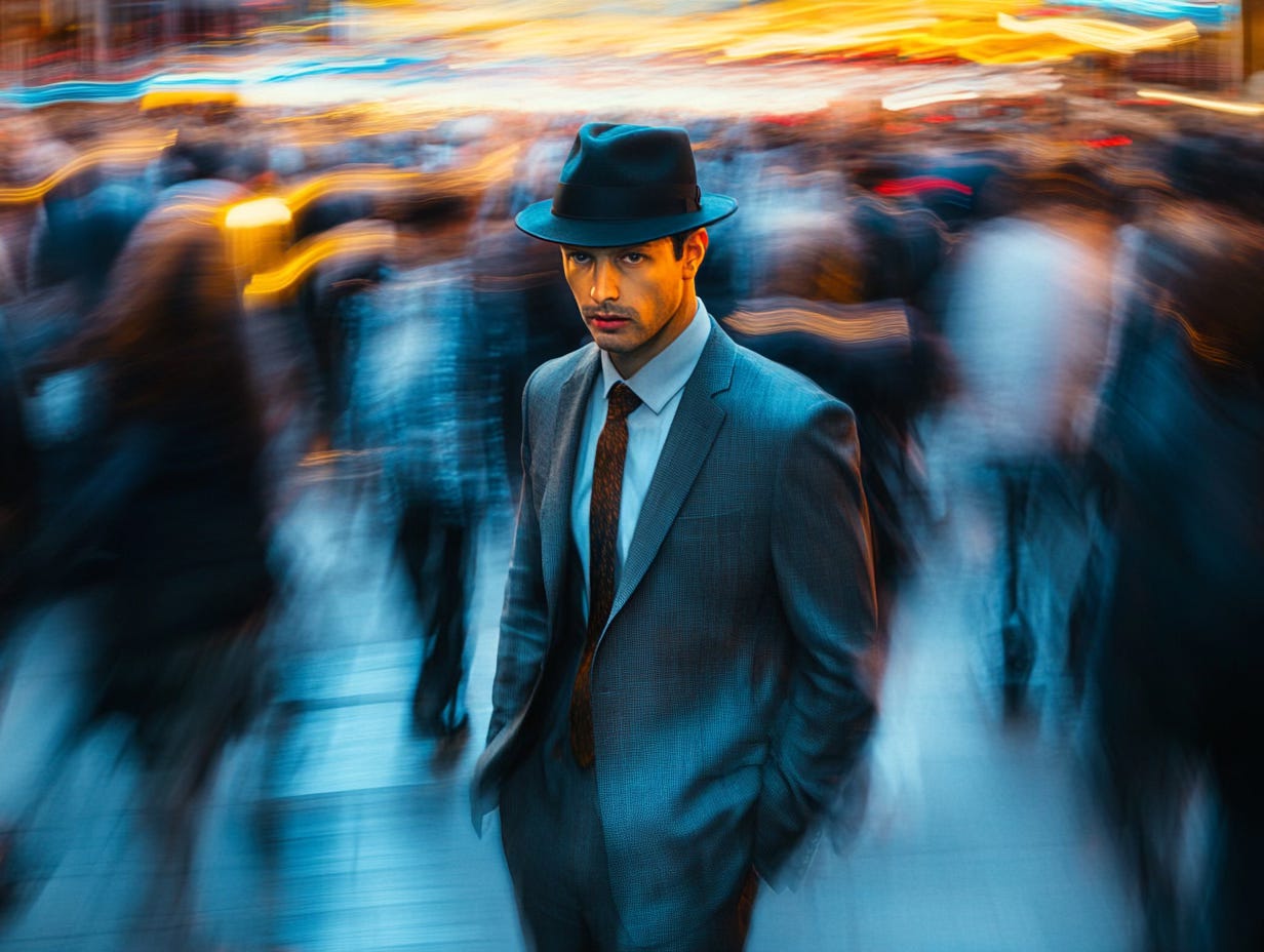 A con man in a suite, tie, and fedora. He's standing on a busy New York sidewalk as the crowd moves past in a blur. He's looking directly at you.