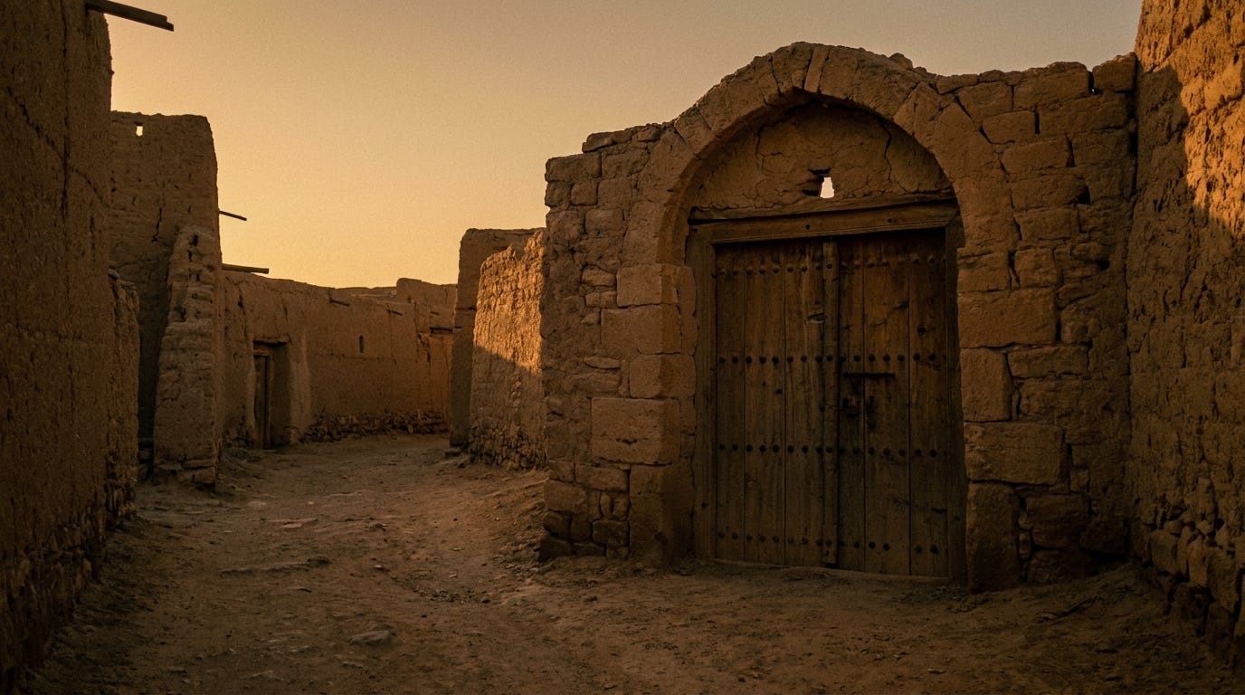 A heavy wooden door shut in an ancient stone doorway of a mud-brick street in warm evening light, no people, no faces, no text A heavy wooden door shut in an ancient stone doorway of a mud-brick street in warm evening light, no people, no faces, no text