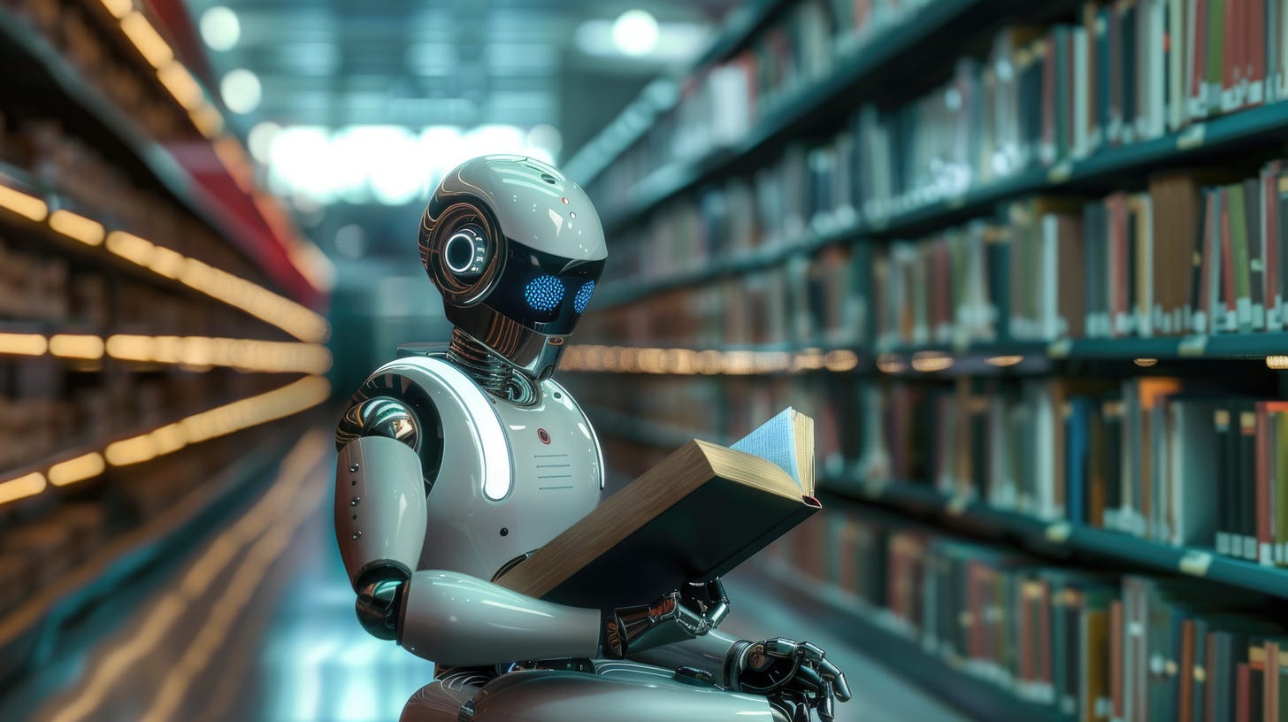 A photorealistic image of a humanoid robot sitting at a library table, intently reading a book. The robot represents an AI assistant utilizing Retrieval Augmented Generation (RAG) to access a secure reference library, enhancing its ability to answer specific questions accurately and transparently, like a librarian referencing trusted sources.