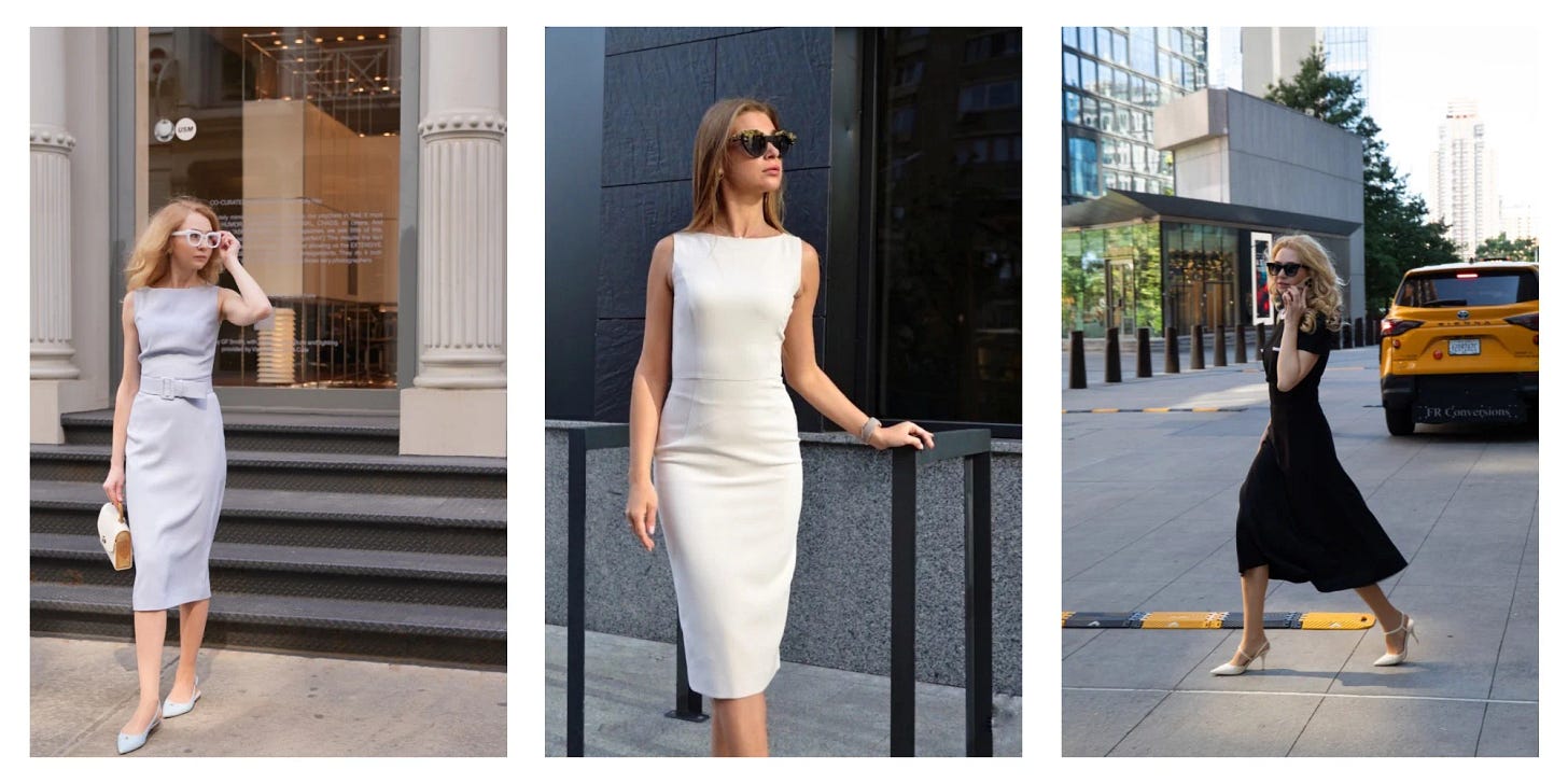 Anastasiia Ivanova tailored sheath dresses in neutral colors, demonstrating flawless summer power dressing and elegant corporate office style.