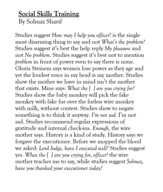 r/Poetry - [POEM] Social Skills Training by Solmaz Sharif