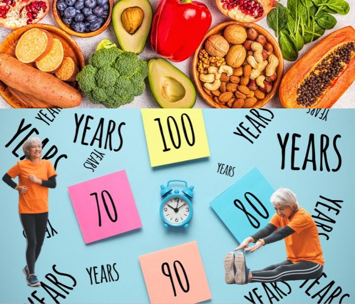 healthy food, age numbers, woman exercising