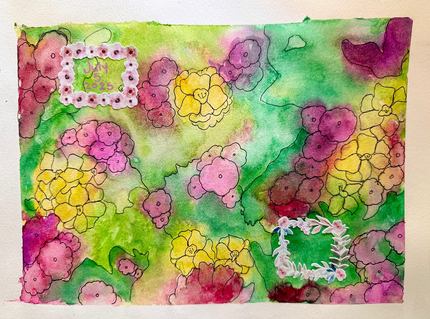 Abstract watercolor painting with dark and light greens, yellow, and magenta. The yellow and magenta splotches are outlined to be flowers