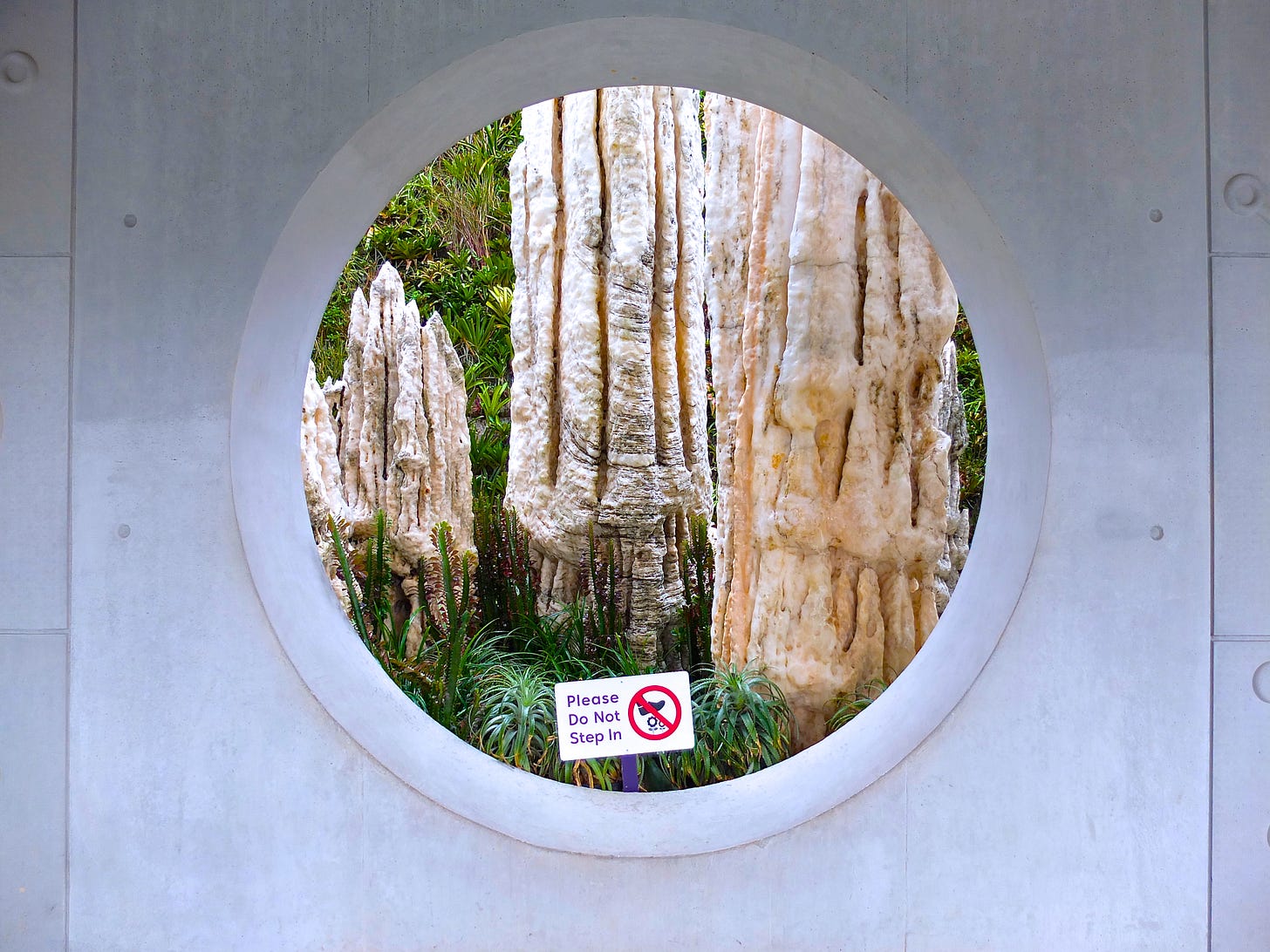 A photograph depicting a white, portal-looking structure that opens into a view of strange, brown, elongated root-like structures and greenery. There is a sign at the bottom of the scene that says, "Please Do Not Step In".