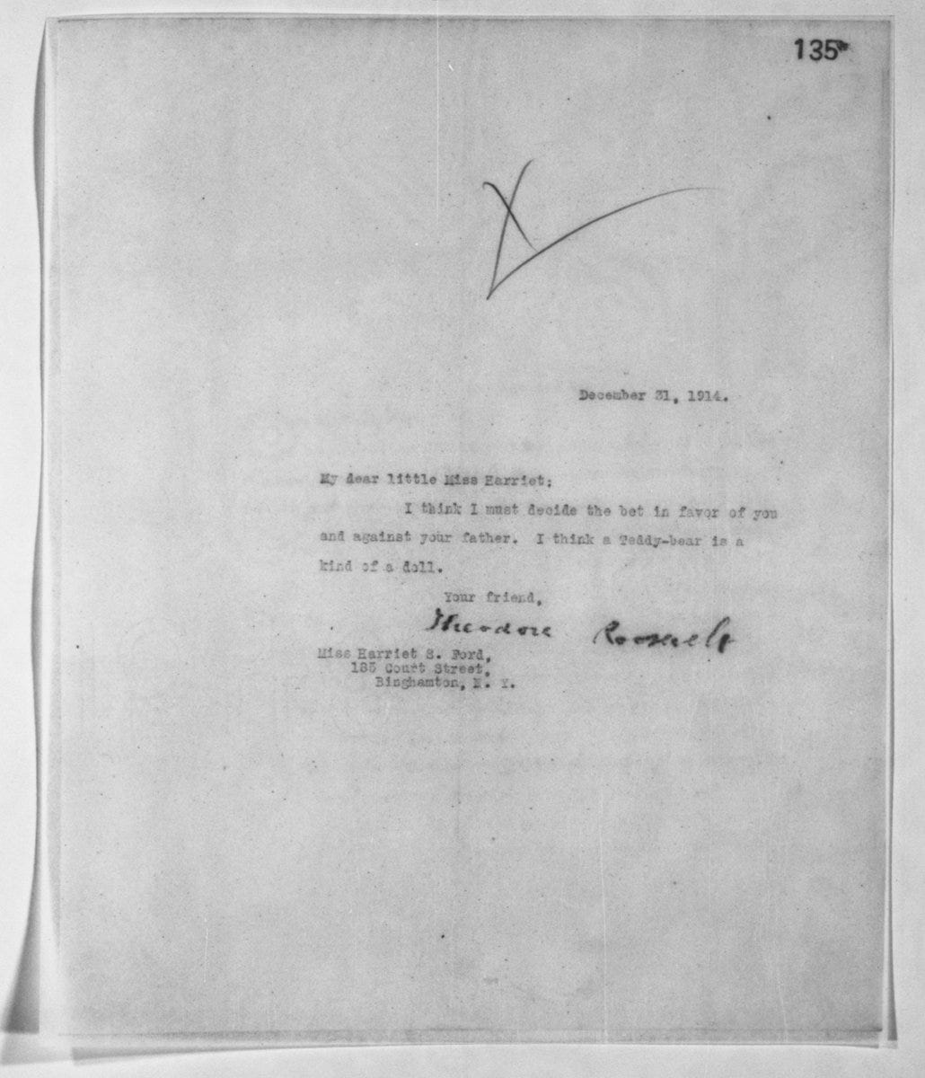 A letter from Theodore Roosevelt to Harriet Ford saying a teddy bear is a doll