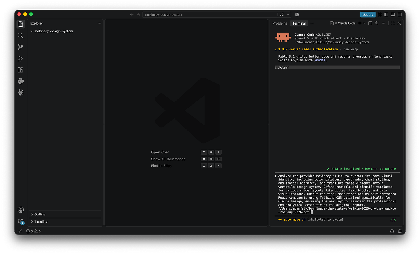 A VS Code window with an empty project named mckinsey-design-system, and Claude Code running in the terminal panel on the right with the long extraction prompt typed at the input, ending with the local path to the downloaded McKinsey PDF. A VS Code window with an empty project named mckinsey-design-system, and Claude Code running in the terminal panel on the right with the long extraction prompt typed at the input, ending with the local path to the downloaded McKinsey PDF.