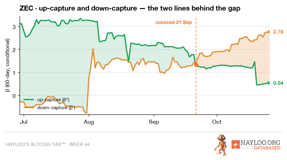 ZEC up-capture 0.54 and down-capture 2.78 against Bitcoin, the two lines behind its Altcoin Tax™ gap ZEC up-capture 0.54 and down-capture 2.78 against Bitcoin, the two lines behind its Altcoin Tax™ gap