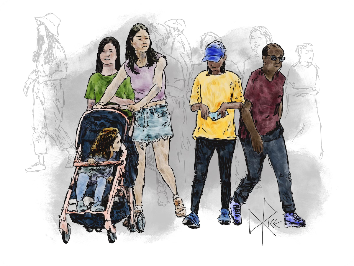 People out walking, enjoying some late summer heat. Sketch art by Don Rice. People out walking, enjoying some late summer heat. Sketch art by Don Rice.