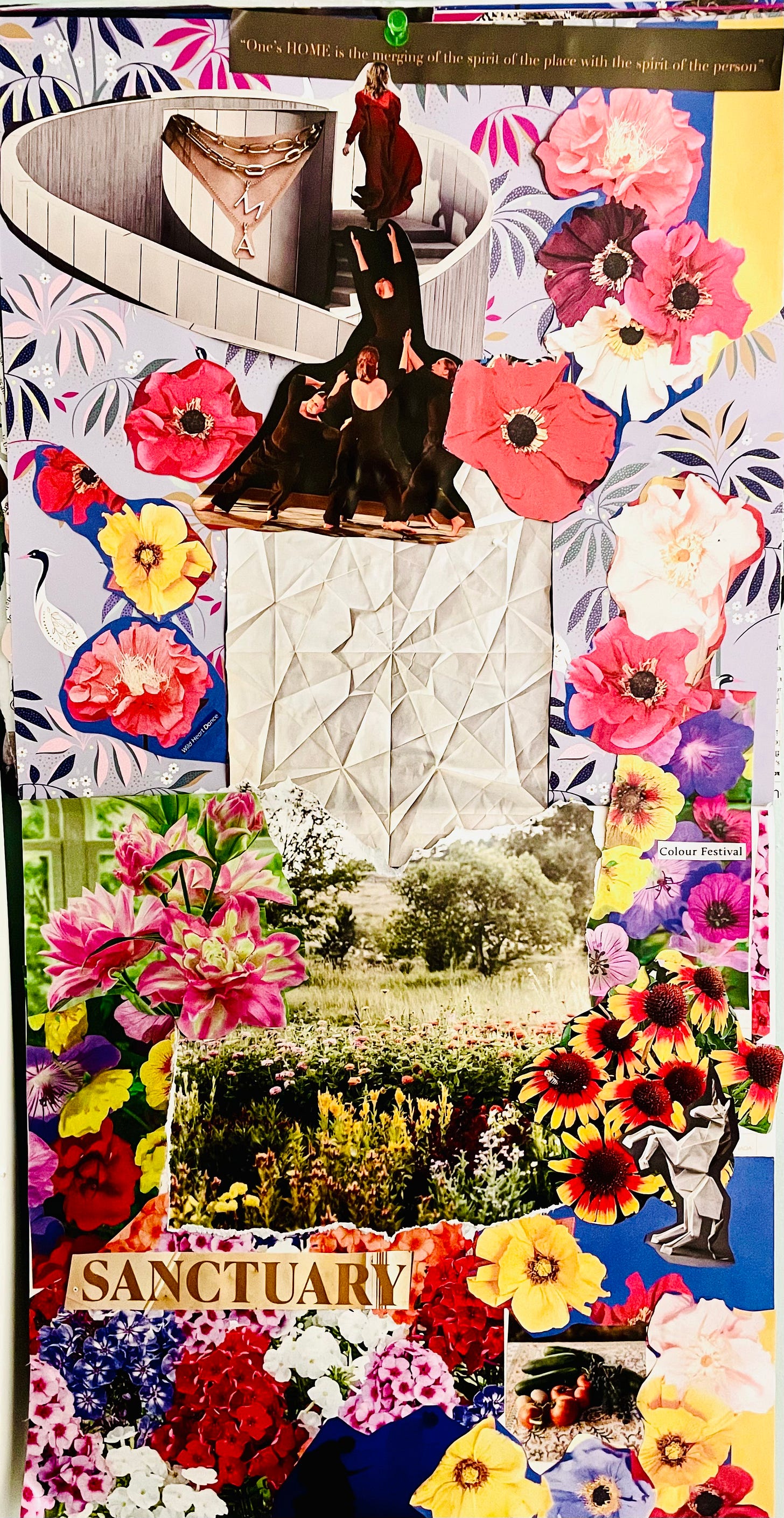 Collage with folded paper in center, pink and yellow flowers, a group of women being lifted up and the word SANCTUARY near the bottom. 