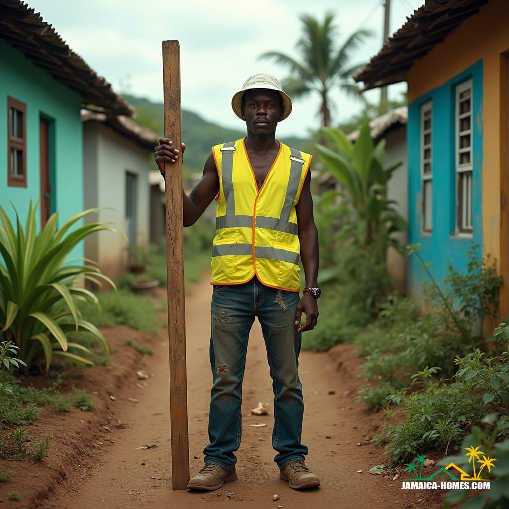 Black geologist in bright yellow safety vest and worn jeans, holding a worn wooden surveyor's staff, standing amidst the vibrant, makeshift dwellings of a Jamaican housing scheme, surrounded by lush greenery and rugged terrain