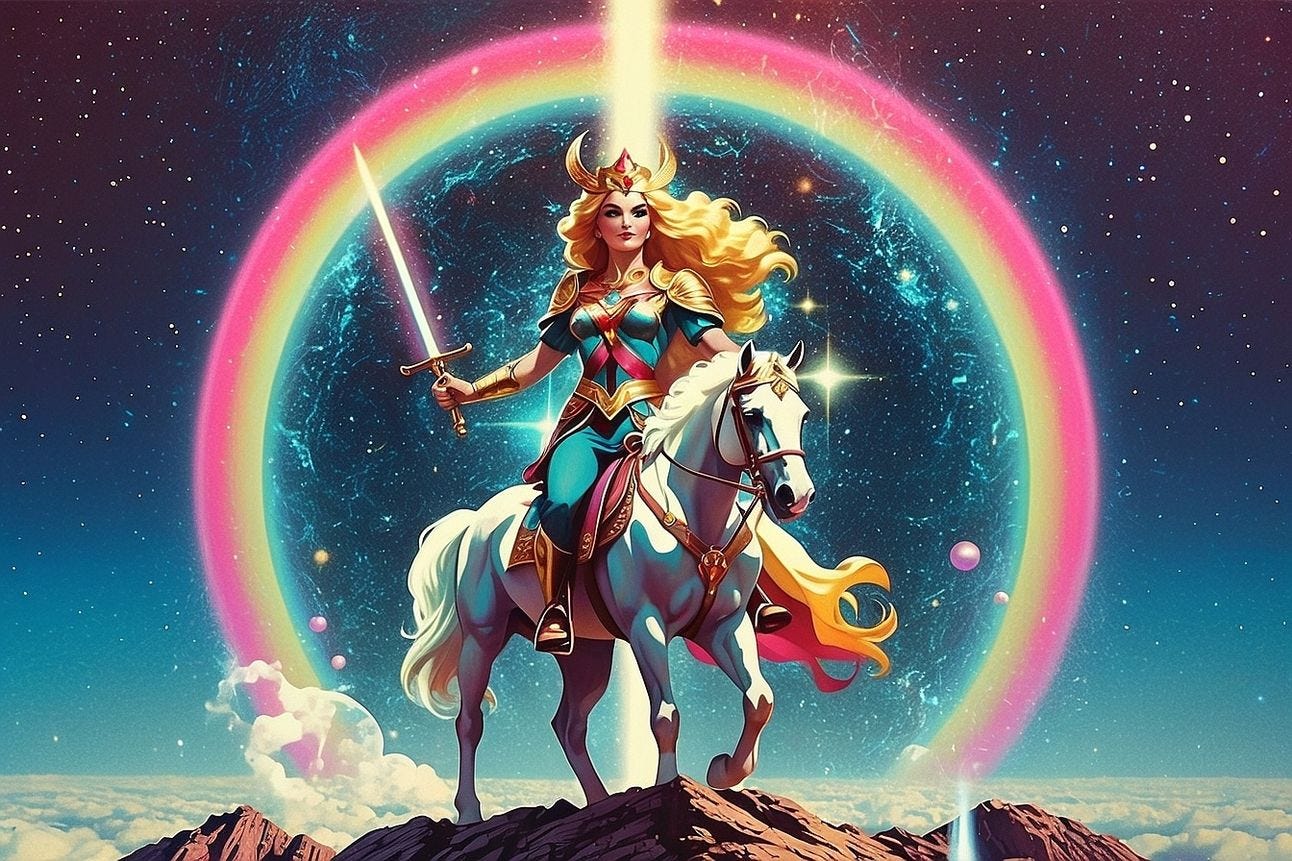A majestic female warrior with flowing rainbow-colored hair sits atop a powerful blue horse. She wears shimmering silver armor adorned with a red gemstone, while a radiant rainbow arcs across the star-filled sky behind her.