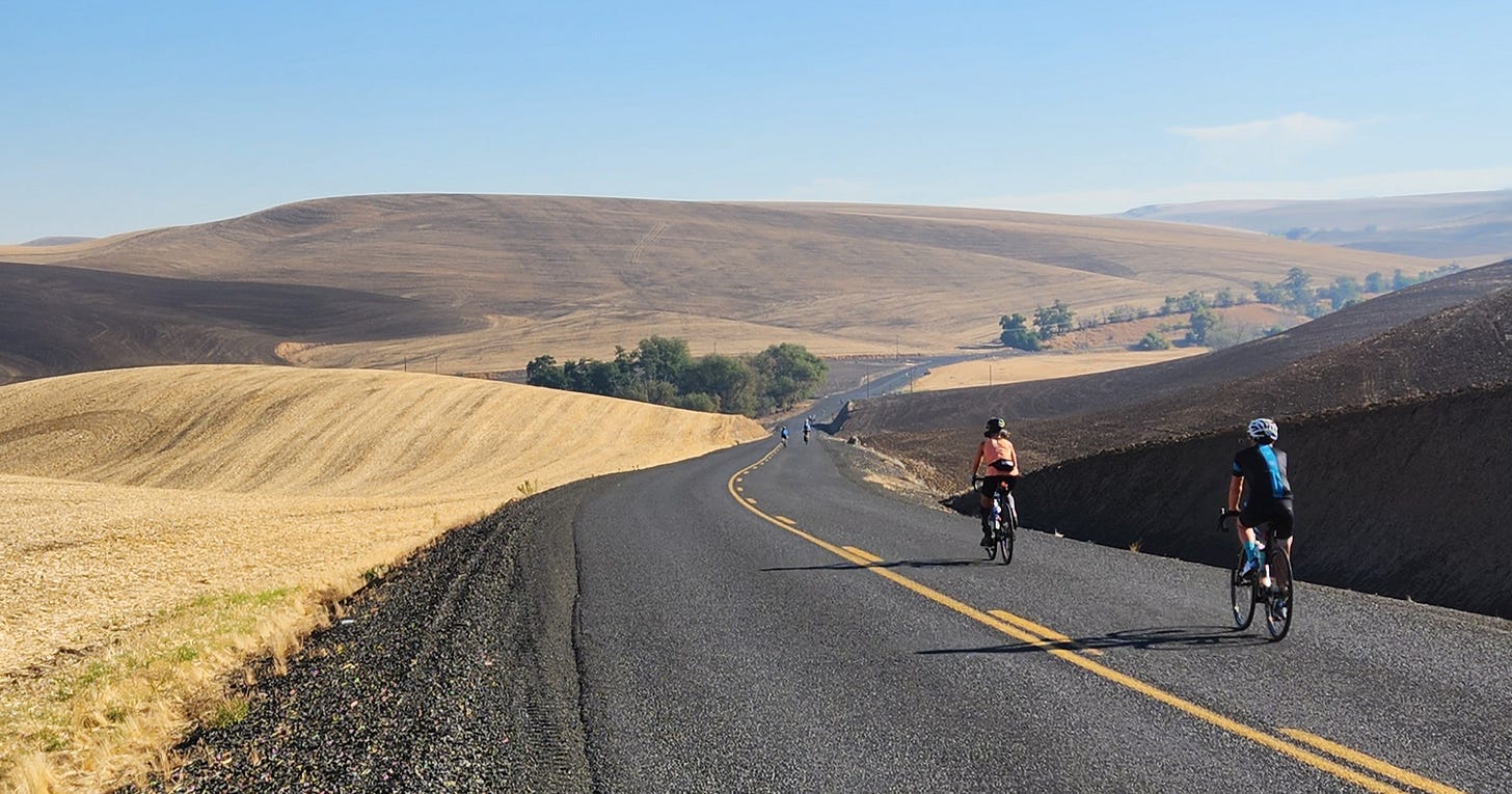 Cyclist on rural road near Walla Walla, Washington.