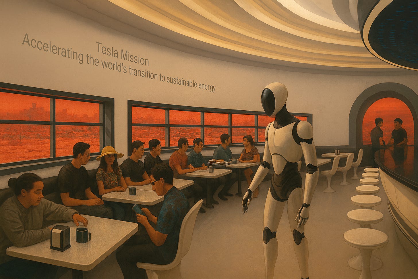 tesla diner interior with an optimus bot
